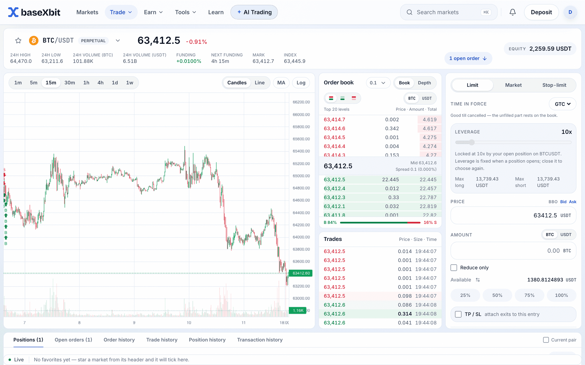 The binXbase futures terminal on BTC/USDT perpetual: mark and index prices, funding countdown, order book and an open position