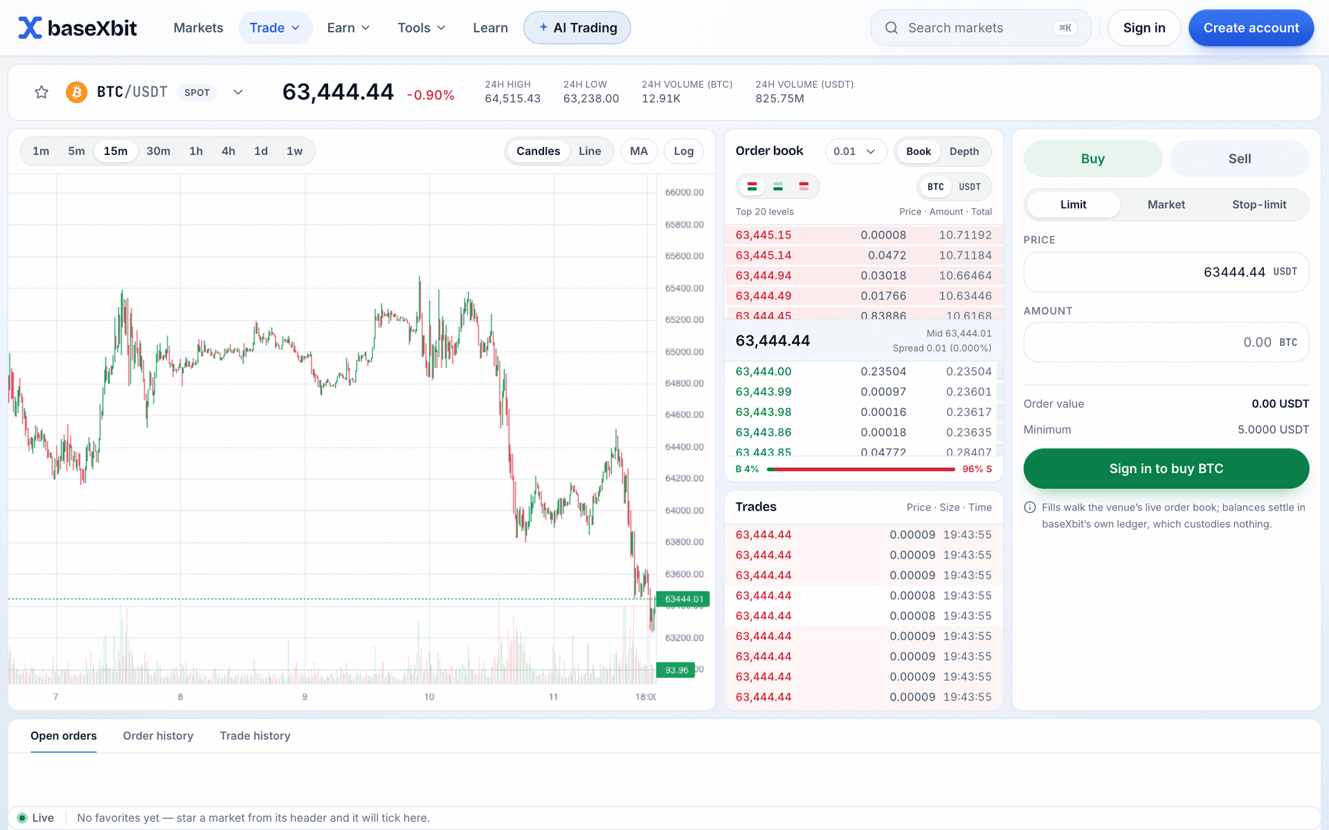 The binXbase BTC/USDT trading terminal: candle chart, live order book, trade tape and an order ticket, rendering live Binance data
